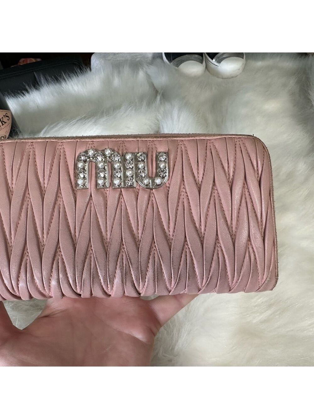 MIU MIU LOGO PEARL RHINESTONE MATELASSE LEATHER ZIPPY ZIP AROUND LONG WALLET - Picture 13 of 13